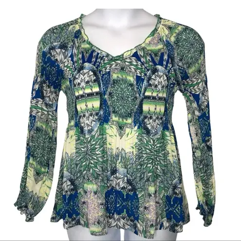 Sharagano Retro Crinkle Babydoll Blouse Blue Green Long Sleeve Size Small