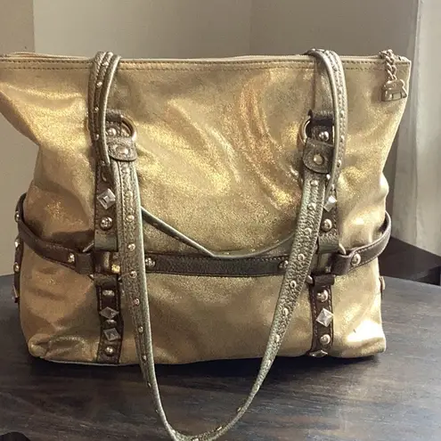 Kathy Van Zeeland Gold Vegan Leather and Vegan Suede Studded Shoulder Bag