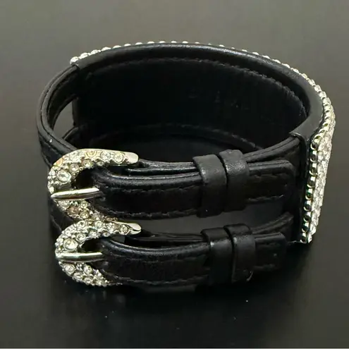 Swavorski SWAROVSKI Swan Signed Crystal Rhinestones Leather Buckle Wide Cuff Bracelet 24g.