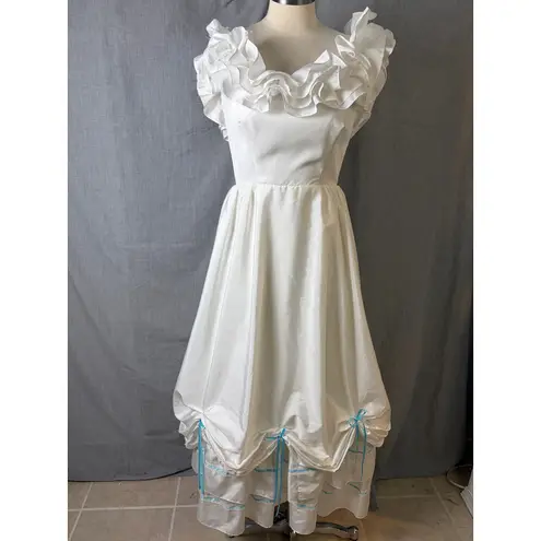 Vintage Handmade Prairie Bridal Dress Ruffle Neck Satin Lace Bows Costume M/L White Size 6