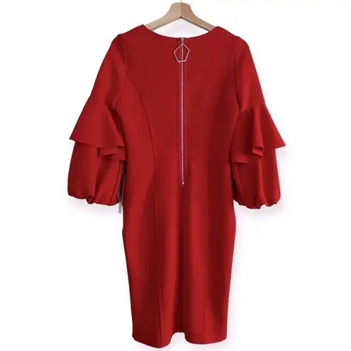IC COLLECTION Red Scuba Knit Ruffled Balloon Sleeve Red Sheath Dress Size XS NEW