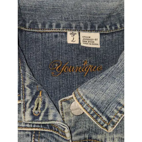Younique Women's Cropped Denim Jacket Size L Distressed Y2K Style Blue Size L