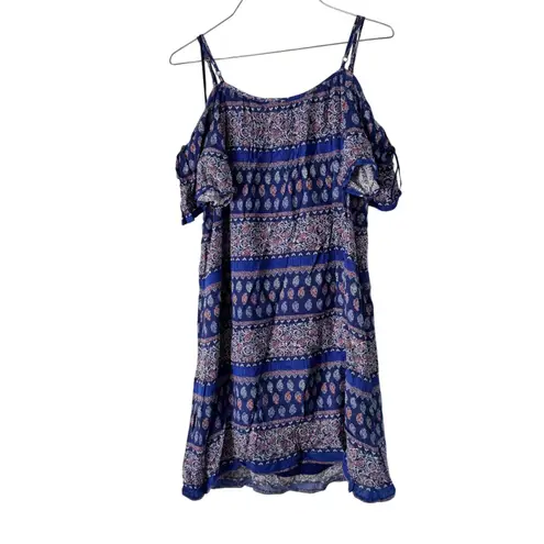Skies Are Blue Cold Shoulder Dress Bohemian Print Casual Blue Size S