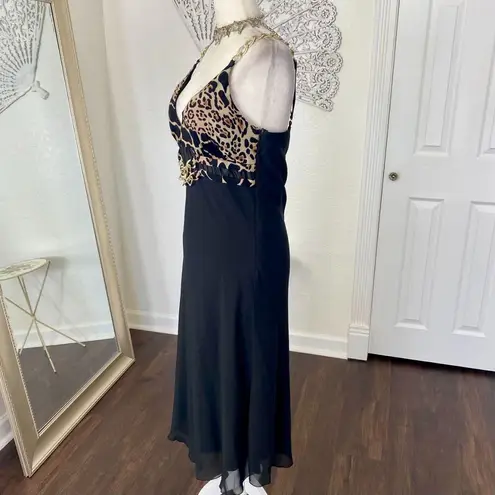 Early 2000's Black Gold Chain Mesh Animal Print Midi Party Dress M Size M