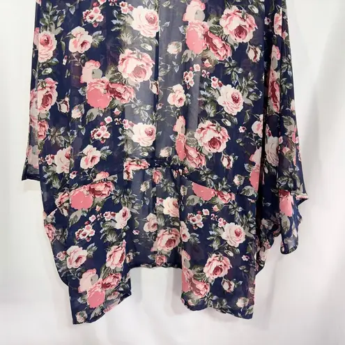 Time & Tru One Size Kimono Shrug Open Blue Pink Floral Cover Up Tassels 815