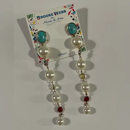NWT ANNA & AVA by Brooke Webb Turquoise &Pearl Dangle Earrings with Red Accents White