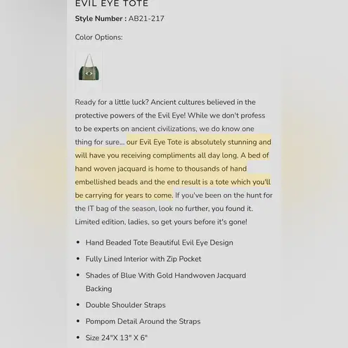 Evil Eye Tote Evergreen NWT