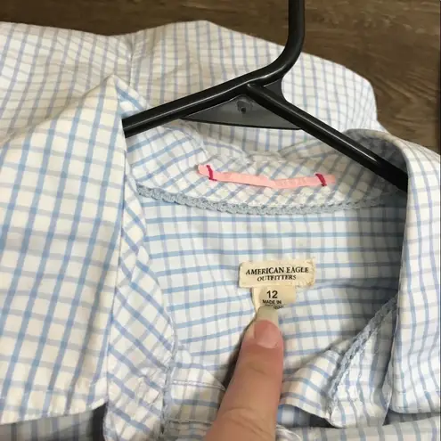 American Eagle  button up dress top blue plaid square size‎ 12 work collar top - Image 3