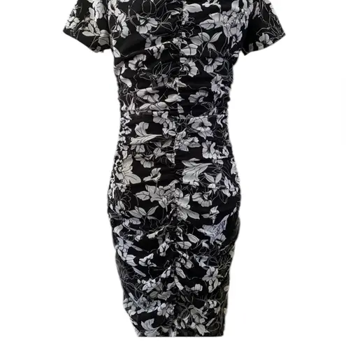 New INC Black and White Mosaic Peony Floral ruched pencil dress S