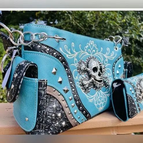 Turquoise Rhinestone Skull Concealed Carry Handbag Studded Leather Purse Blue