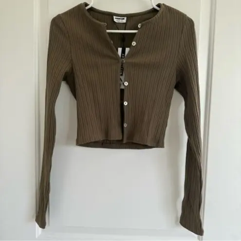 Noisy May Cortina Rib Crop Long Sleeve Cotton Cardigan Small OLIVE  NWT