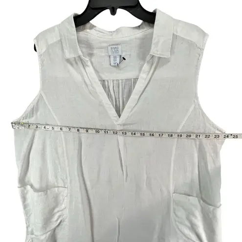 Sigrid Olsen Shirt Womens 1X White Linen Sleeveless V Neck Collared Pockets Top