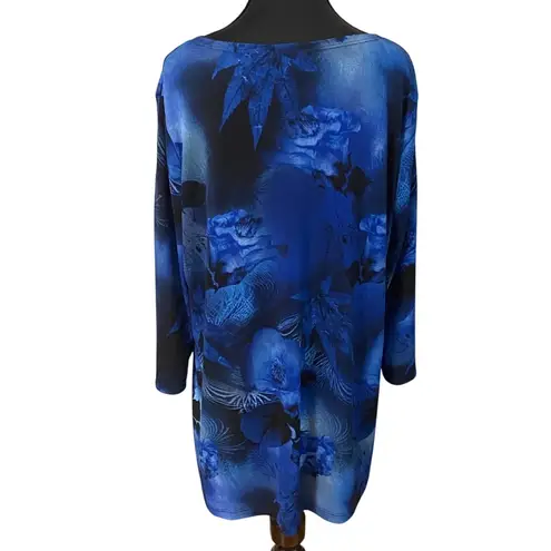 Clara Sun Woo Blue Floral Print Tunic Top Long Sleeve Asymmetric Hem Stretch SM Size L