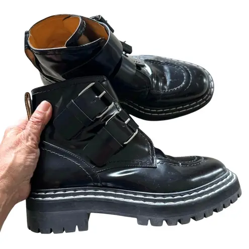 Proenza Schouler Women's lug sole biker patent Leather buckle Boots Size 38.5