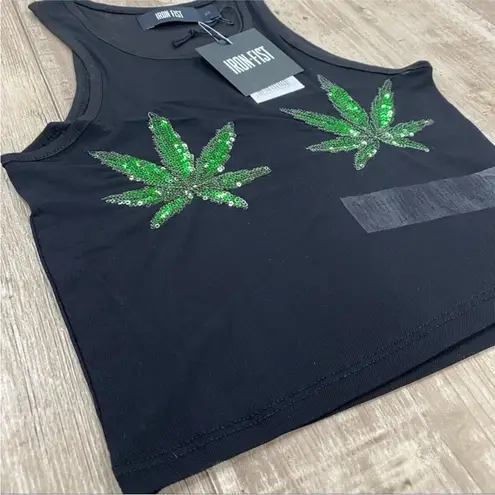 Iron fist NEW! Sheer Black Mary Jane Green Sequins Cropped Tank Top Size MEDIUM