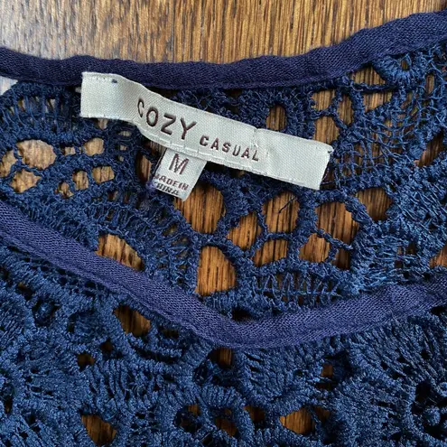 Cozy Casual Tunic Top Shabby Chic Cottagecore Crochet Sleeveless Boho in Navy Medium