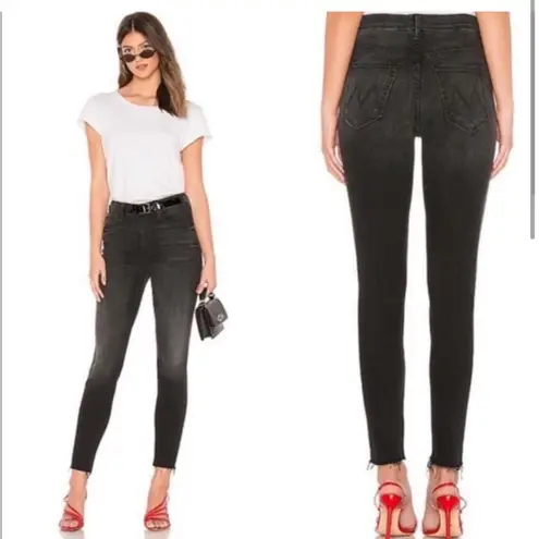 MOTHER HIGH WAISTED LOOKER ANKLE FRAY IN NIGHT HAWK FADED ACID WASHED LOOK Black Size 24