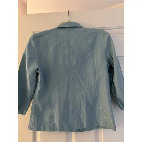 womens light blue linen blend blazer jacket with decorative stitching 3/4 sleeve