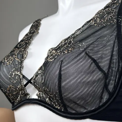 Cacique Plunge Bra Size 40C Black Sheer Mesh U Underwire Animal Print Sexy