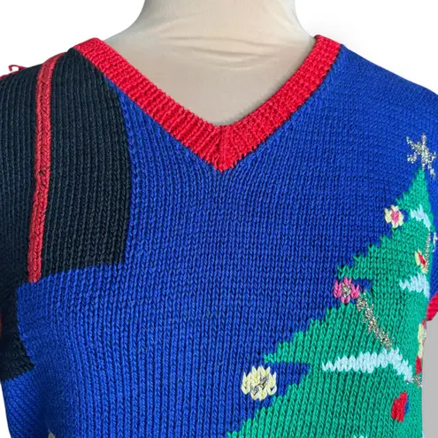 Vintage Berek 80s Hand Knit Christmas Vest Santa Tree Scene Pima Cotton Festive Blue Size L