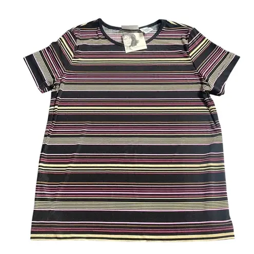 Jaclyn Smith Womens Striped Slinky Knit T Shirt Top Black Pink Yellow Small