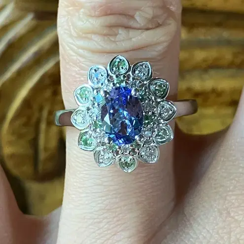 Natural Tanzanite Tsavorite Garnet Sterling Silver Ring Size 7 Green