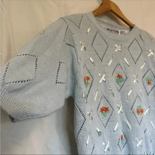 Vintage Western Connection Sweater Sz S Blue Pointelle Ribbon Bouquet Floral