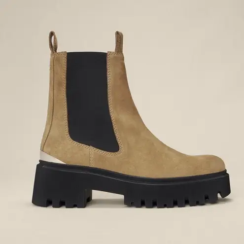 Maje Carmel Suede Platform Chelsea Ankle Boots Gold Metallic Heel Size 7 NWOB