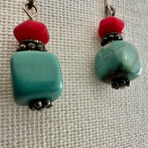 Sterling Silver Turquoise & Coral Dangle Earrings Blue