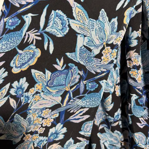 Hale Bob Floral Bird Print Wrap Midi Dress Blue Black Flutter Sleeve M Fairy - Image 7