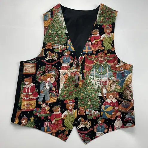Vintage Christmas Vest Teddy Bear Women Twee Print Festive Holiday Cotton Front Black Size undefined