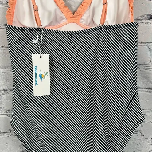 Beachsissi One-Piece Swimsuit Peach Ruffled Black & White Stripes S (4-6) NWT