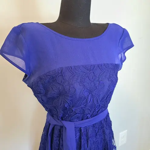 Dressbarn Blue Lace Midi Dress Sz 6 Cap Sleeve Boat Neck A Line Tie Waist Flora