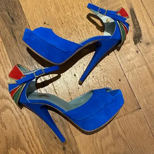 Havi Elle Rare Luxury Cobalt Blue Platform Suede PeepToe Made in Italy Heels 7.5