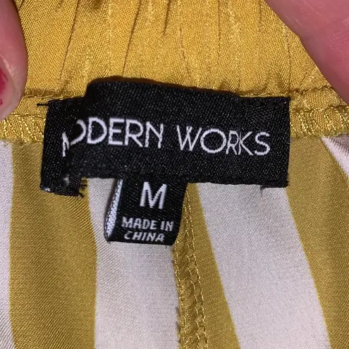 Modern Works Striped Polyester Poplin Satin wide-leg Pant Pockets Mustard White