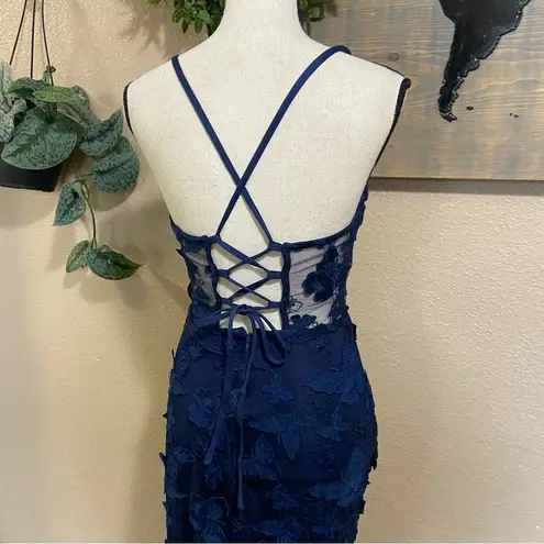 NWOT Navy Blue 3D Floral Appliqué Sheer Panel Gown Size Small