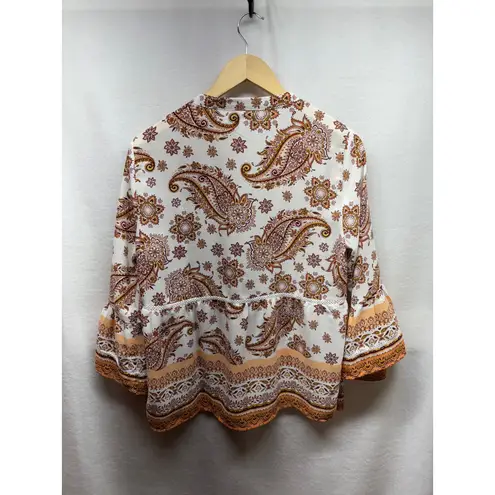 Fever Paisley Print Blouse Top Womens Medium 3/4 Sleeve Tie Neck Boho Chic White