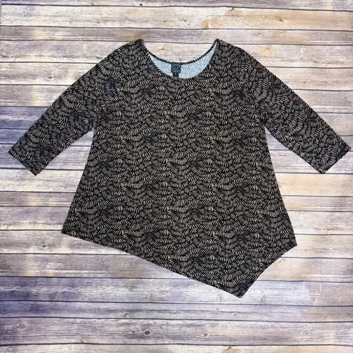 Clara Sun Woo Black Brown Round Neck 3/4 Sleeve Asymmetrical Hem A Line Tunic XL