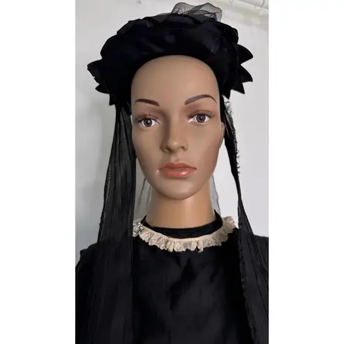 1900 Edwardian Black Mourning Dress Set w/ Brooch, Hat & Underskirt XS