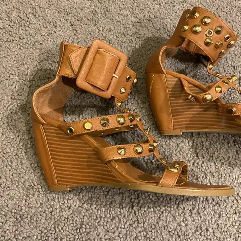 Charlotte Russe Brown Gold Studded Ankle Wrap Cage Wedge Sandals Shoes Y2K sz  8