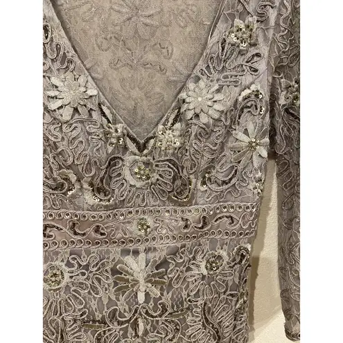 Sue Wong Nocturne Dress Womens 2 Gray Beaded Lace Cocktail Party Sheath Knee