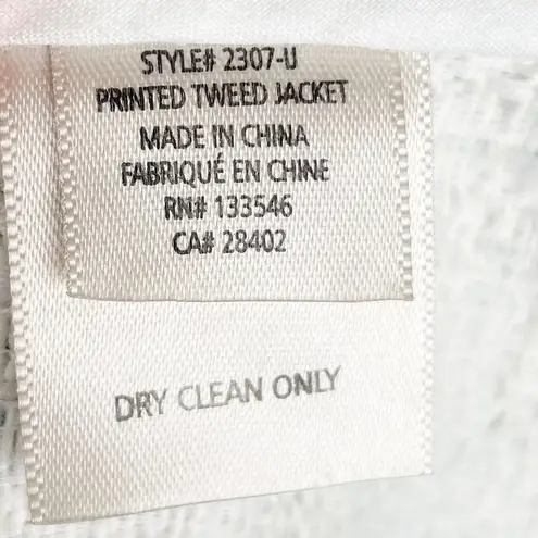 Ecru Blue Printed Fringe Trim Tweed Jacket Zip Blazer Women's Size XS