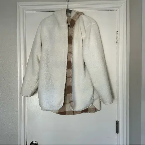 Weatherproof Beige Plaid Ivory Reversible Sherpa Hooded Cardigan S/M