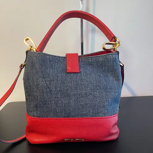 Miu Miu Madras Leather Denim 2Way Bag Shoulder Bag Red - Preowned