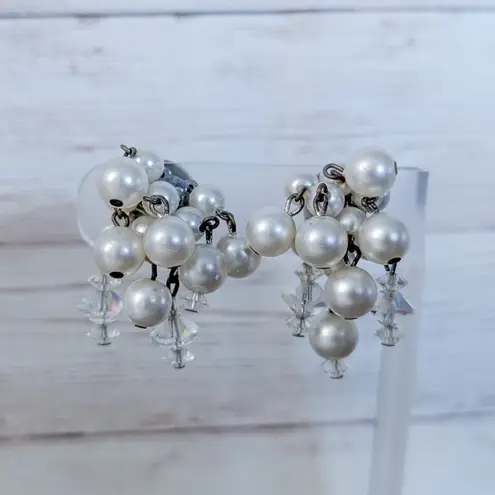 Vintage Clip On Earrings Faux Pearl & Clear Bead Cluster Dangle