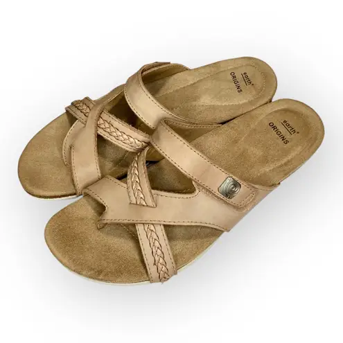 Earth Origins Sandals Womens Size 9.5 Tan Braided Leather Toe-Loop Cork Sole