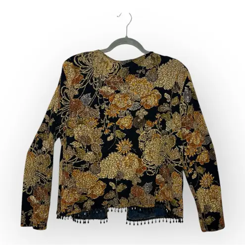 Vintage MSK Black Floral Brocade Beaded Hem Evening Cardigan Jacket XL Gold