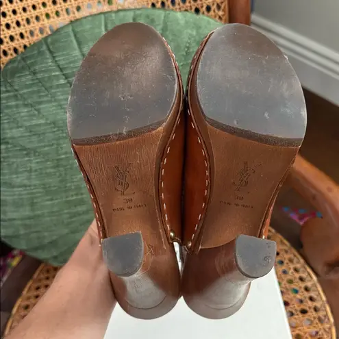 Vintage 90s YSL Cognac Leather Ebene 90 Apache Whipstitch Slingback Heels Size 7