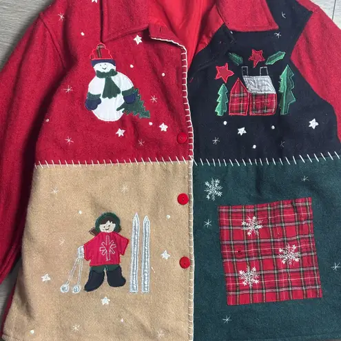 Vintage TAKE TWO Wool Christmas Patchwork Jacket – Snowman Ski Appliqué – Size M Red Size M