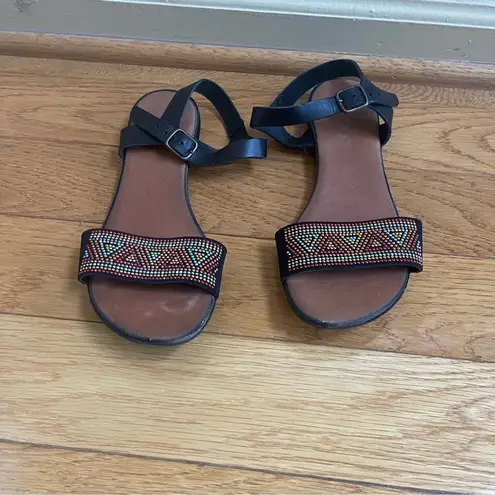 Sesto Meucci Beaded Black Flat Sandals with ankle strap made in Italy, size 7.5